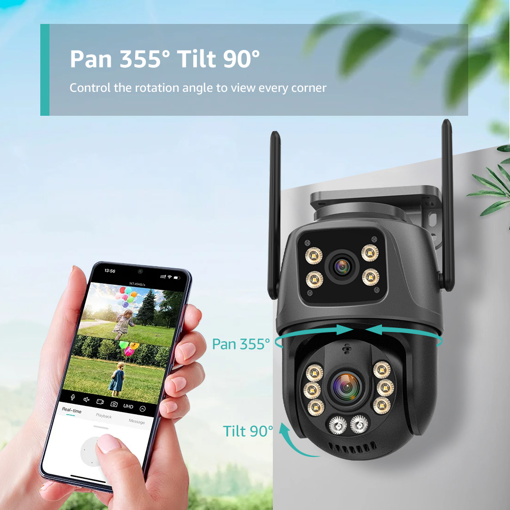 Wifi cam ao ar livre 8mp ptz detecção humana cor visão noturna proteção de segurança lente dupla e câmera de vigilância de tela dupla