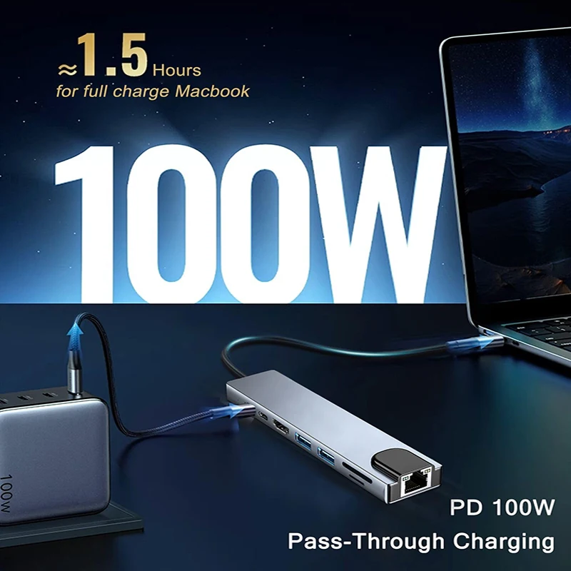 8 In 1 USB Type C Hub for MacBook Pro USB Adapter Dual USB C to HDMI-Compatible USB3.0 2.0 SD/TF Card for MacBook Mac Laptops