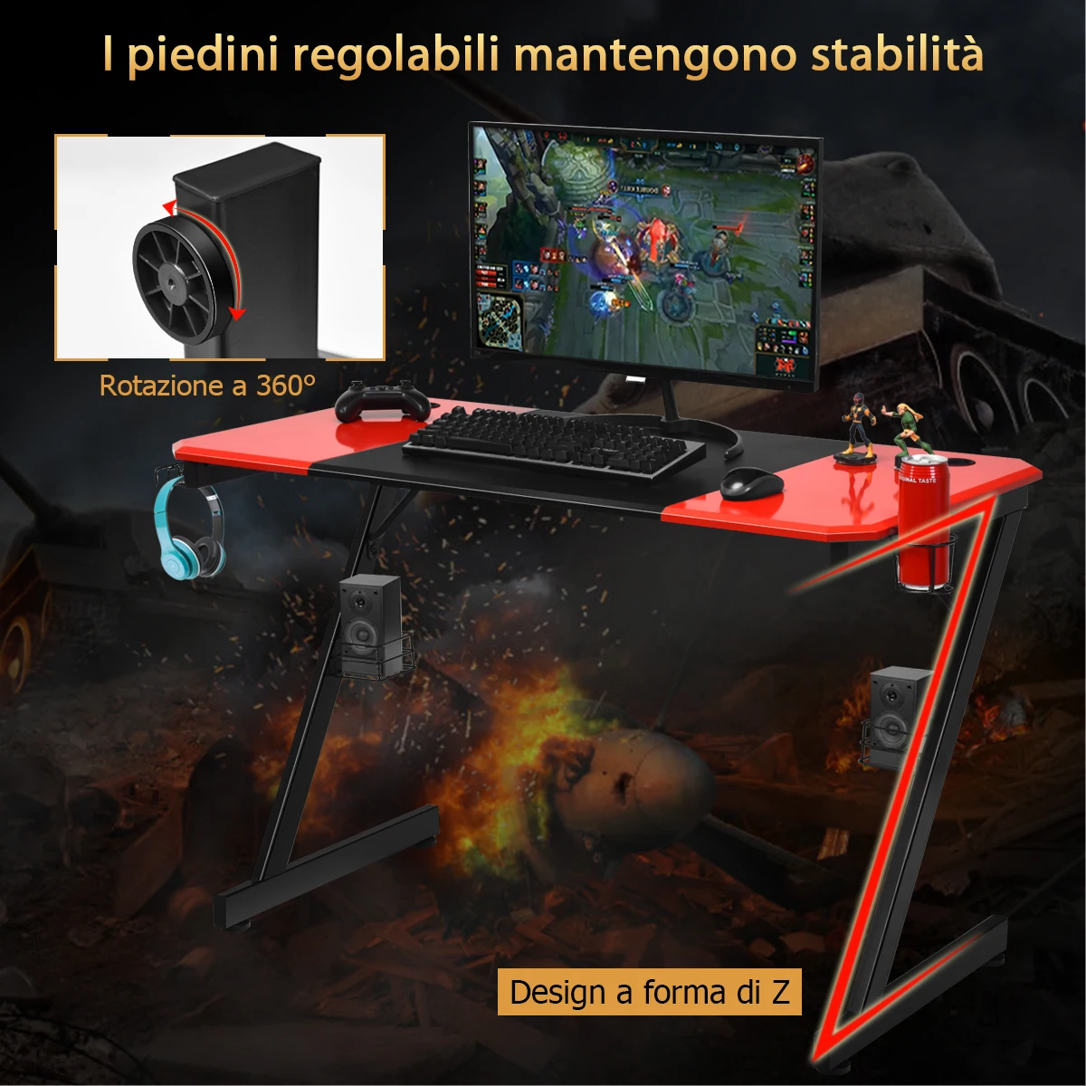 Scrivania da Gaming Tavolo per Computer Ergonomico, con Porta Bicchiere Gancio per Cuffie e Supporti Audio, 120 x 60 x 77 cm, Rosso