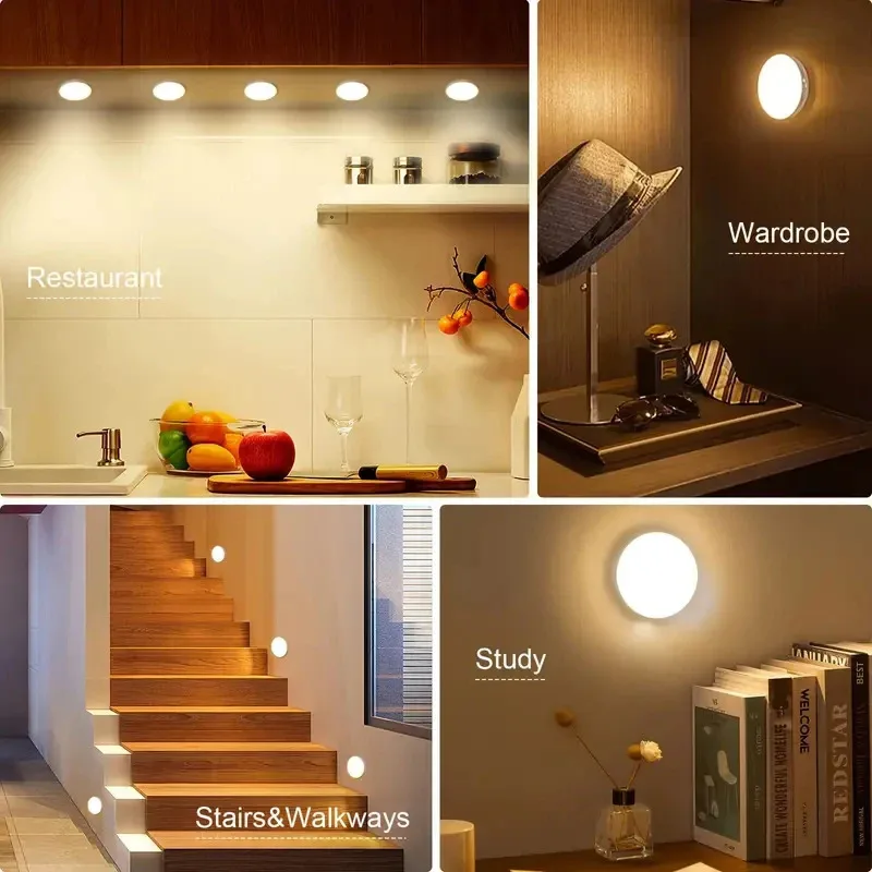Lampada da notte ricaricabile USB con sensore di movimento a LED da 3 pezzi per armadio da cucina, lampada da armadio, scala, armadio