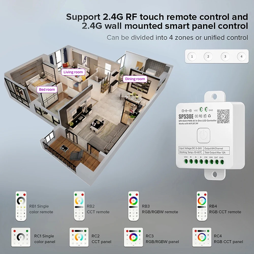 Controlador LED todo en uno SP530E Wifi Alexa Google Home BT SP630E 5CH PWM SPI píxeles tira de luz LED WS2812 SK6812 WS2811 FCOB