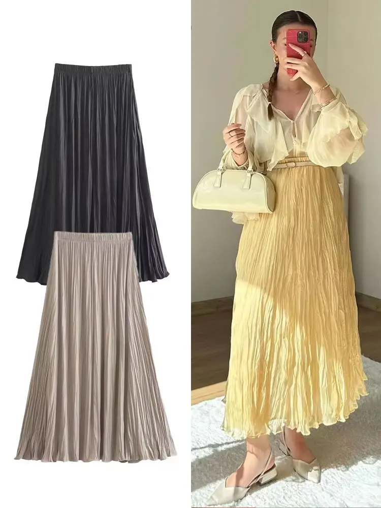 HH Female Fashion Summer Pleated Skirts Elegant Long Versatile Solid Color Folds Elastic Waist Women's Casual Loose Skirts