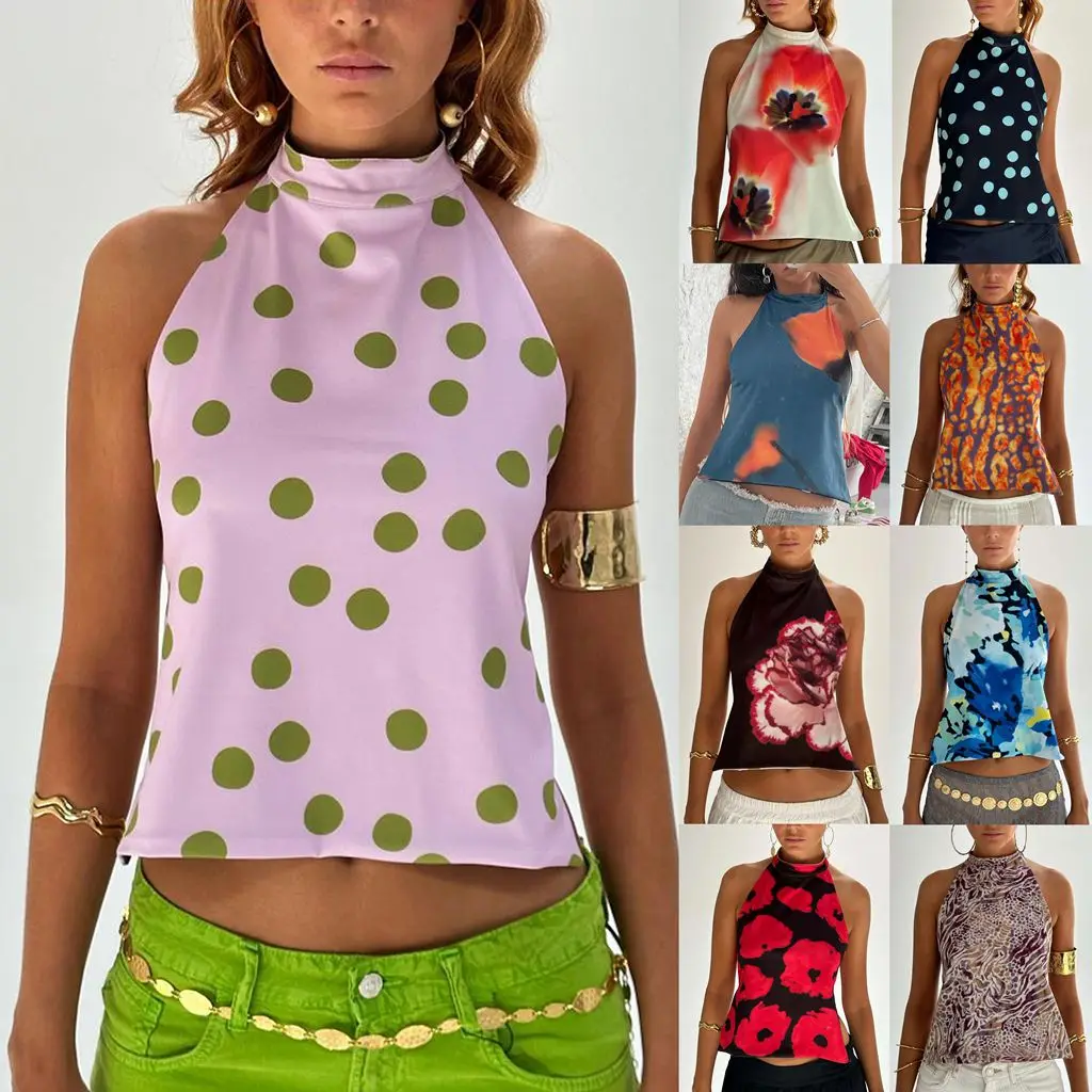 Combhasaki Y2K - Tops cortos con cuello halter y cierre de botones para mujer, sin mangas, sin espalda, estéticos, con estampado de flores y teñido anudado