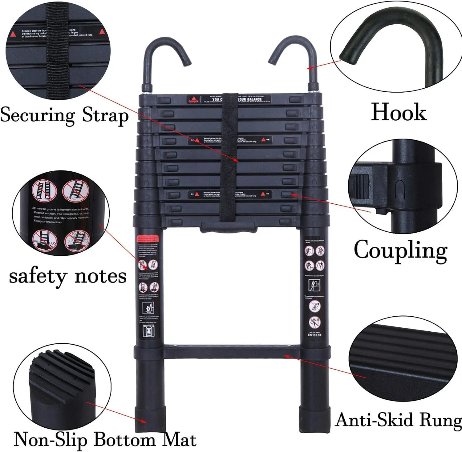 Telescopic Ladder 3.2M Aluminum Telescoping Ladder with Non-Slip Feet,Multi-Purpose Extension Straight Ladder with 2 Hook,150kg
