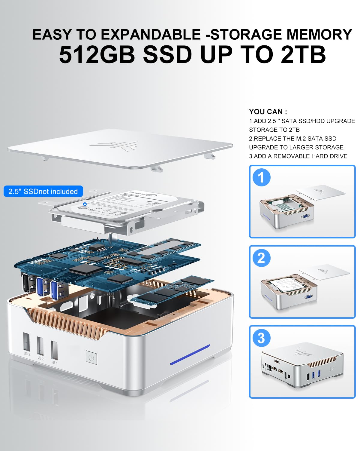 ACEMAGIC GK3PLUS Mini-PC 16 GB DDR4 1 TB SSD 12. Generation Alder Lake-N95 Mini-Desktop-Computer, unterstützt 2xHDMI+VGA 4K Triple Display
