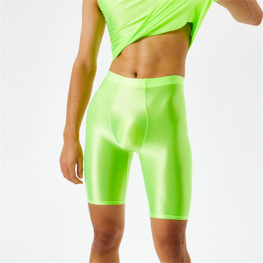 Männer Öl Glänzende Shorts gym Shapewear Eis Seide Hohe Elastische Sexy Boxer Enge Form U Beutel Mantel Mann Shorts Glatte Candy Farbe