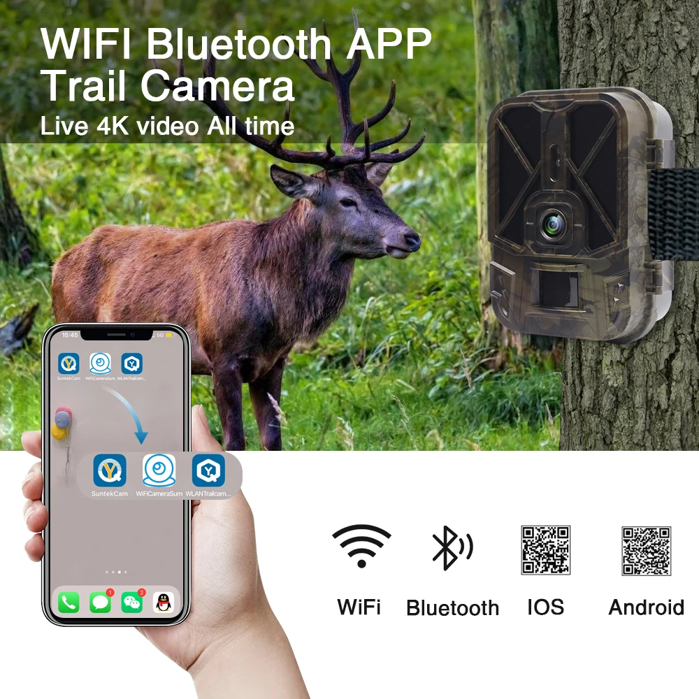4k 30mp transmissão ao vivo wifi trail câmera app bluetooth câmeras de caça com 10000mah li-bateria visão noturna wifi940prooli