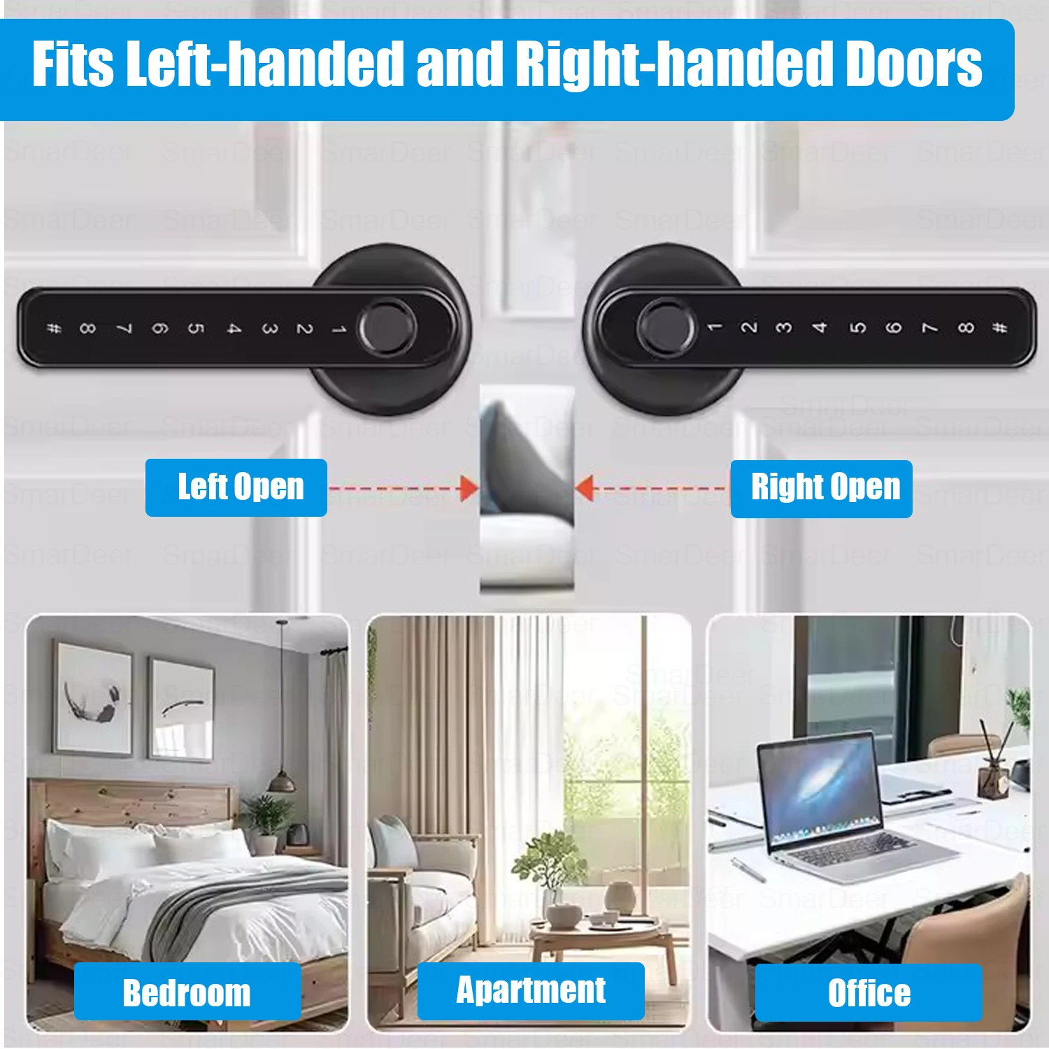 Tuya 스마트 잠금 장치 용 SmarDeer 전자 도어 잠금 장치 왼쪽 및 오른쪽 도어가있는 실내 Bluetooth 지문 잠금 장치