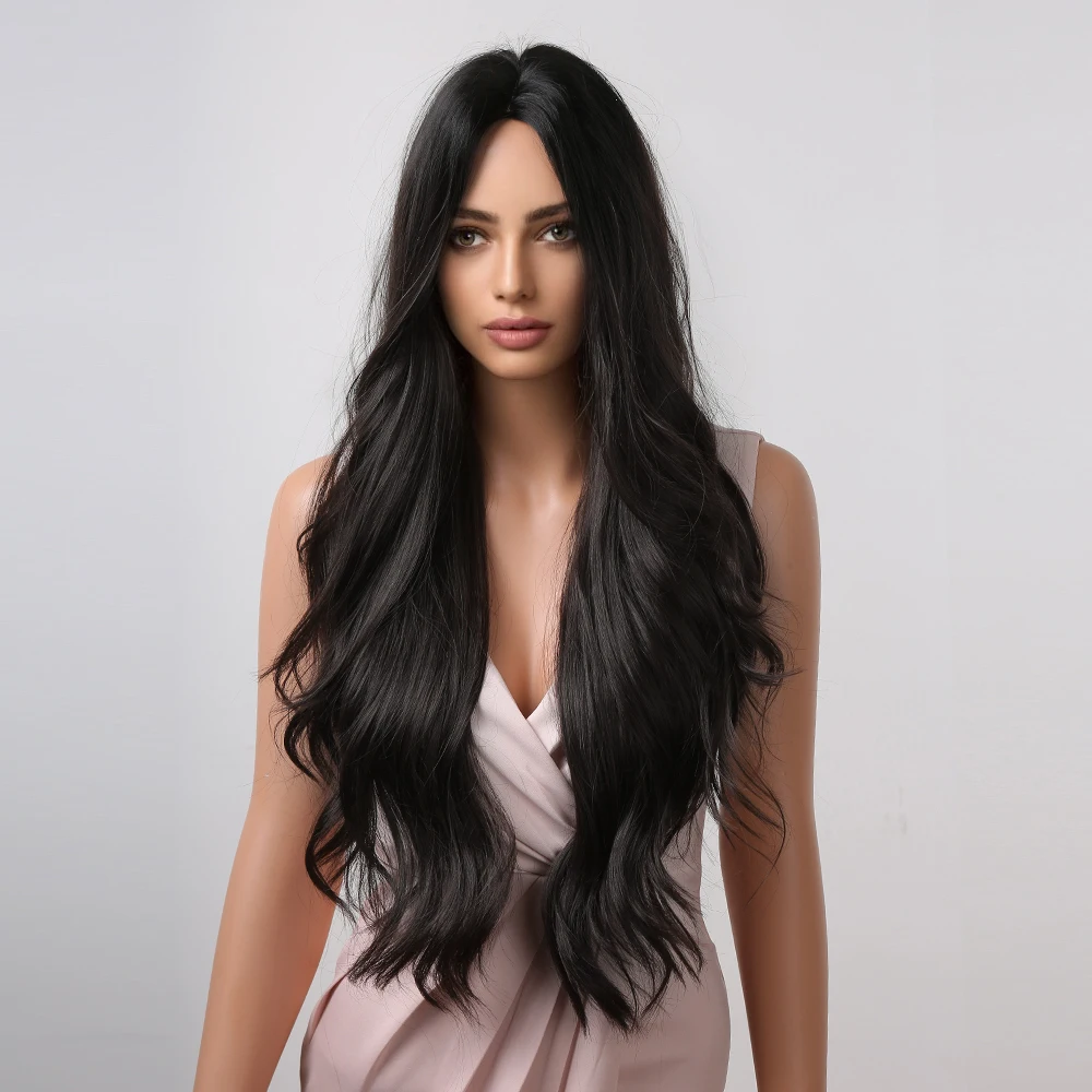 Lange gewellte synthetische Perücken für schwarze Frauen, dunkelbraune Perücke, natürlicher Mittelscheitel, gewellt, tägliches Cosplay-Haar, hitzebeständig