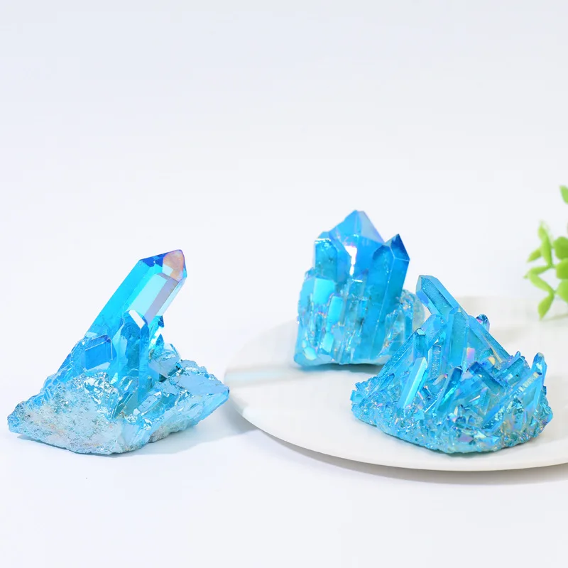 Quartz Natural Stones,Sky Blue Quartz Electroplating Titanium Crystal Cluster Stone Specimens Cured Coating Healing Crystals