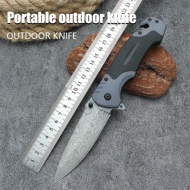 Damascus Pattern Outdoor Folding Knife Multifunctional EDC Pocket Knife Camping Survival JackKnife for Self Defense Hiking BBQ
