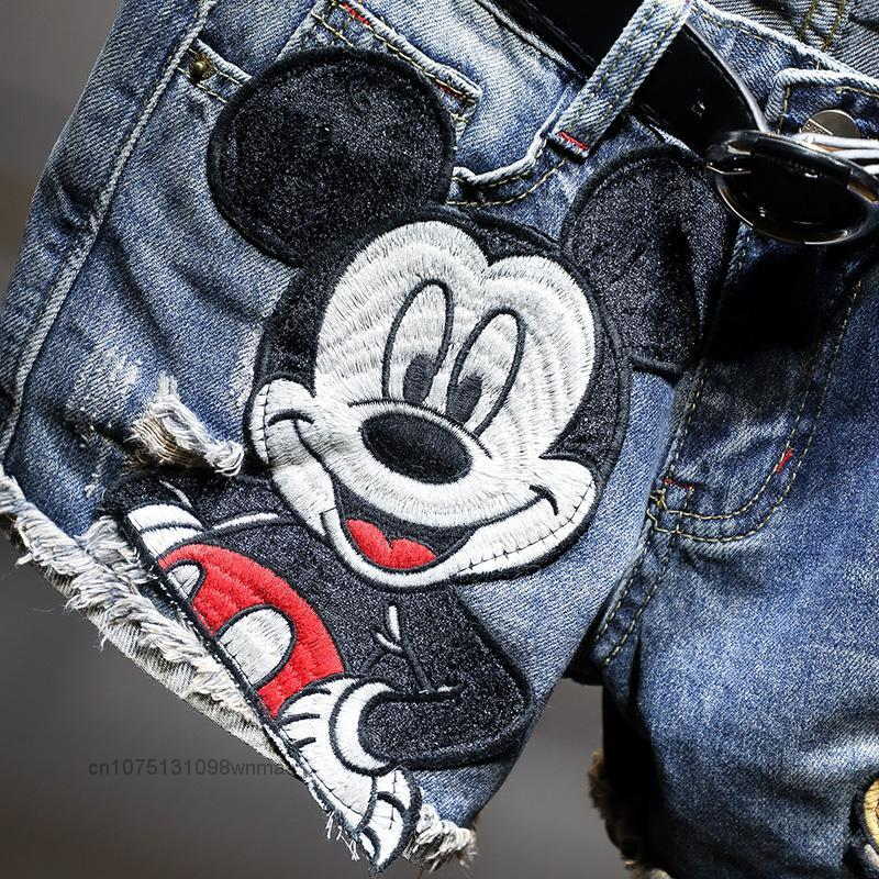 Celana pendek DENIM วินเทจเรปฮิปฮอปมิกกี้ดิสนีย์ใหม่สำหรับผู้หญิงในฤดูร้อน celana Slim สไตล์เกาหลีแบบบางพร้อมรูปักลายการ์ตูน