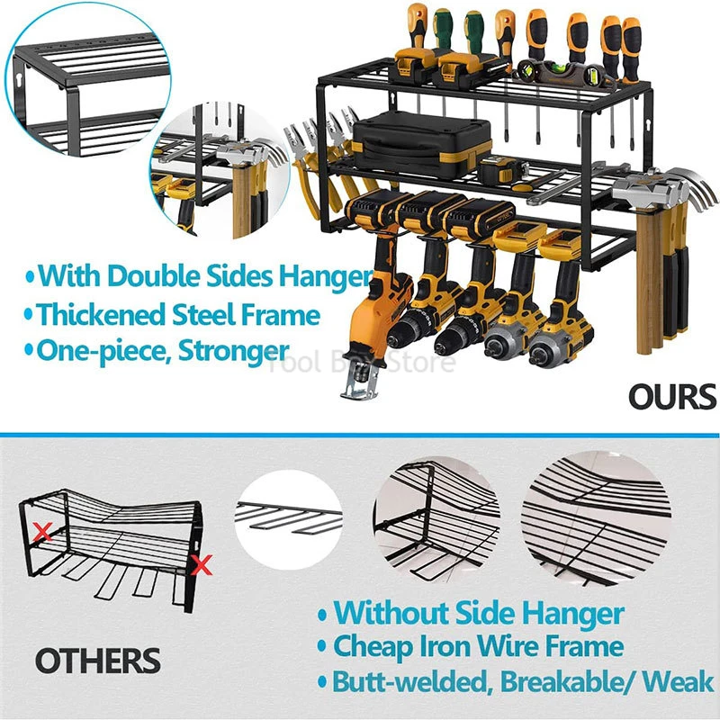 3-Layer Power Tool Organizer Rack Wall Mount Electric Drill Tool Rack Heavy Duty Tool Storage Shelf Garage Tools Cabinet