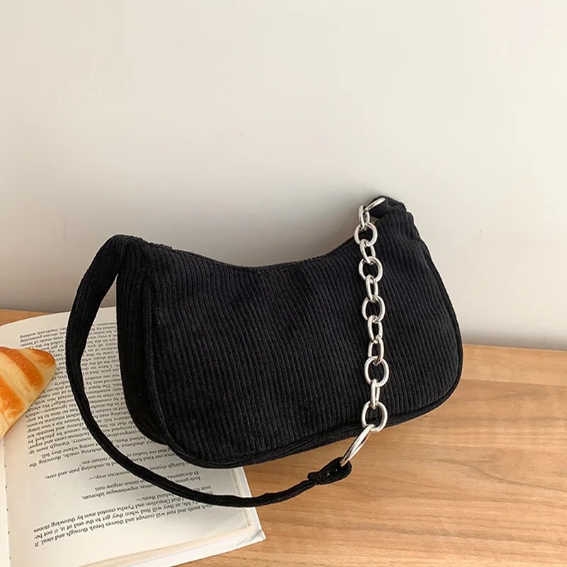 Bolso de mano Vintage de pana para mujer, bandolera informal con cremallera, Color sólido