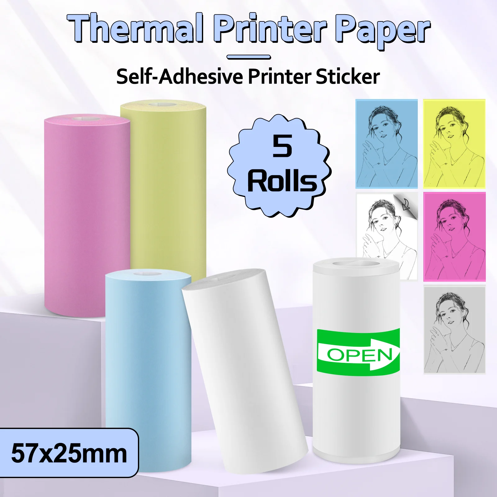 5 rouleaux de papier d'imprimante thermique 57x25mm, Mini impression universelle, étiquette autocollante pour Mini papier d'imprimante, appareil photo pour enfants