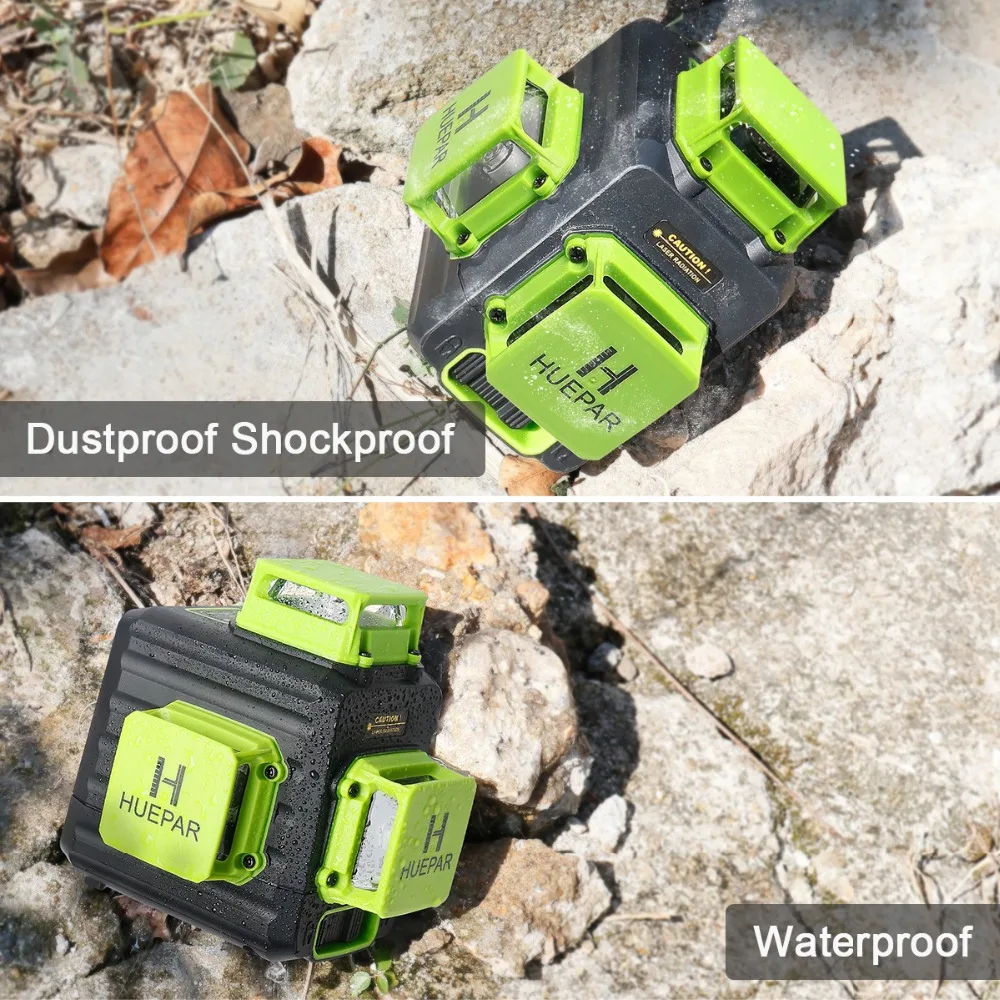 Huepar 3D Cross Line Self-leveling Laser Level 12 lines Green Beam Li-ion Battery with Type-C Charging Port & Hard Carry Case