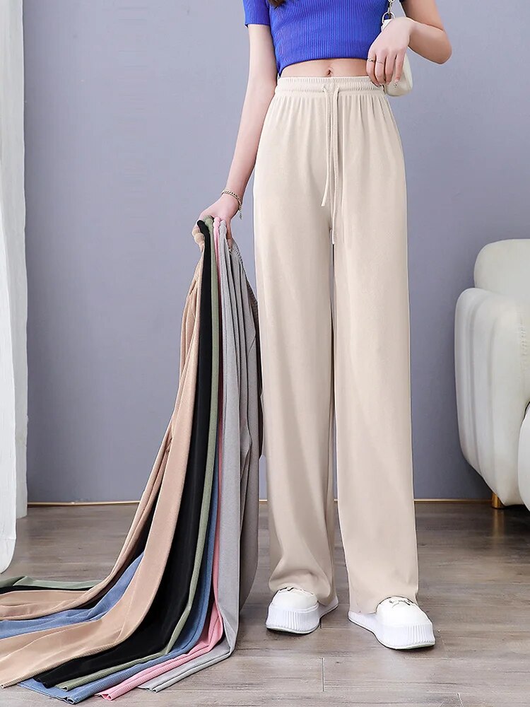 Pantalones largos de pierna ancha para mujer, calzas básicas holgadas de cintura elástica, informales, primavera y verano