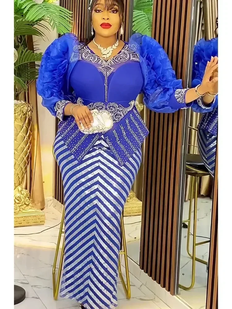 ชุดแอฟริกันสําหรับผู้หญิง 2025 ใหม่แฟชั่น PLUS ขนาดเลื่อมชุดราตรียาว Dashiki อังการาชุด Robe แอฟริกันเสื้อผ้า