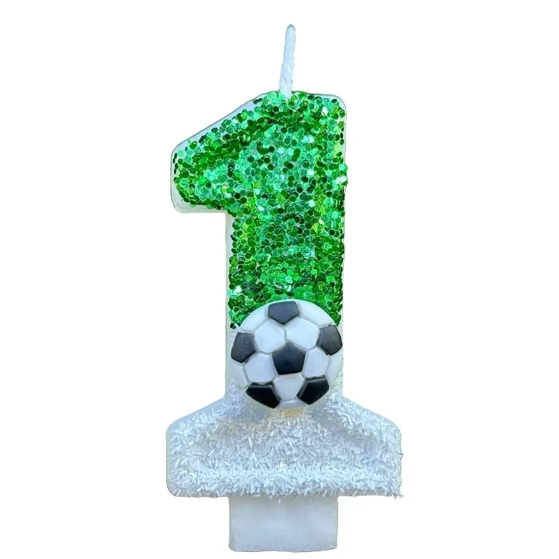 Velas de aniversário infantil de futebol, número 0-9, brilhos verdes, vela criativa de futebol para festa de menino, decoração superior de bolo