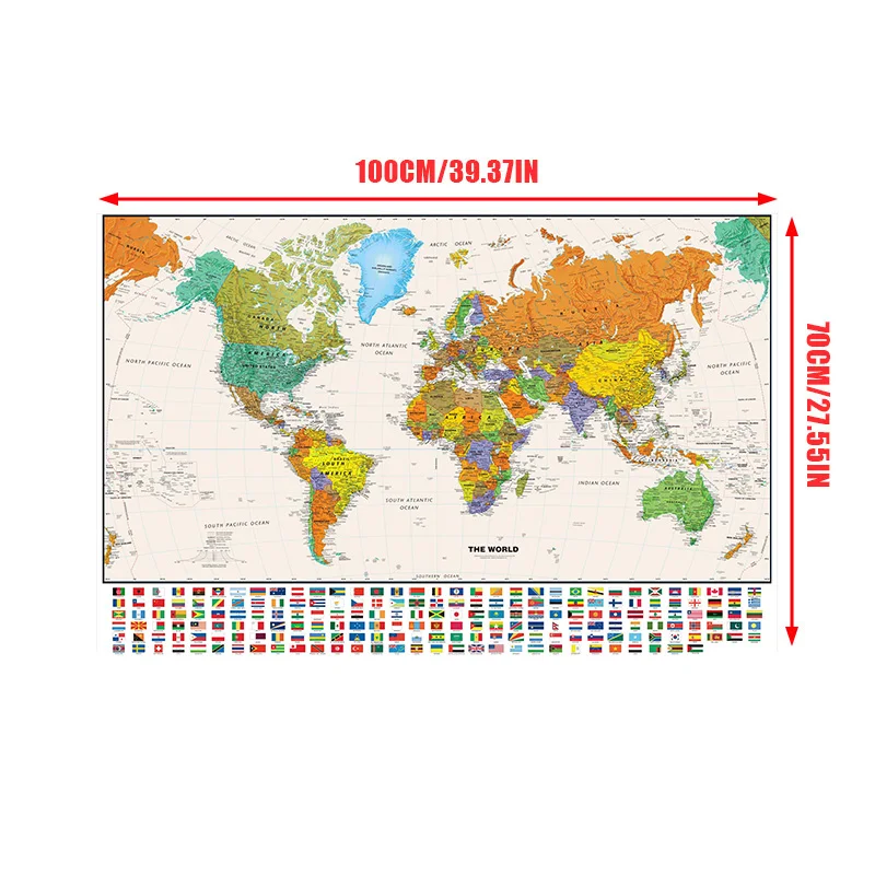 Retro World Map in English Classic Edition 100*70cm Unframed Canvas Painting Wall Art Poster and Print Office School Supplies