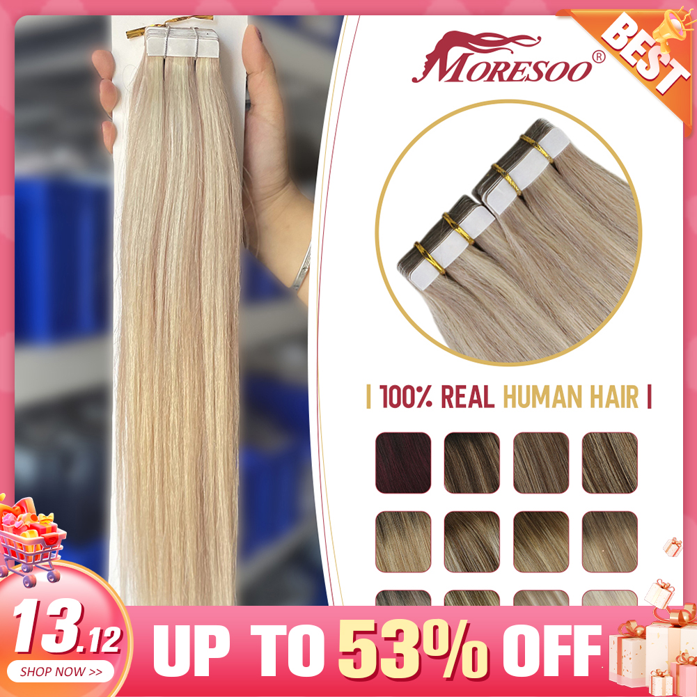 Moresoo doczepy z ludzkich włosów taśma w Remy Ash blond wyróżnij przedłużanie włosów proste jedwabne włosy 100% prawdziwa taśma w ludzkich włosach Moresoo Human Hair Extensions Tape in Remy Ash Blonde Highlight Hair S
