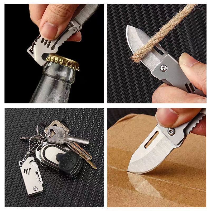 Mini cuchillo plegable, caja de acero inoxidable, cuchillo con apertura, cuchillo plegable afilado portátil para exteriores, cadena colgante para llaves