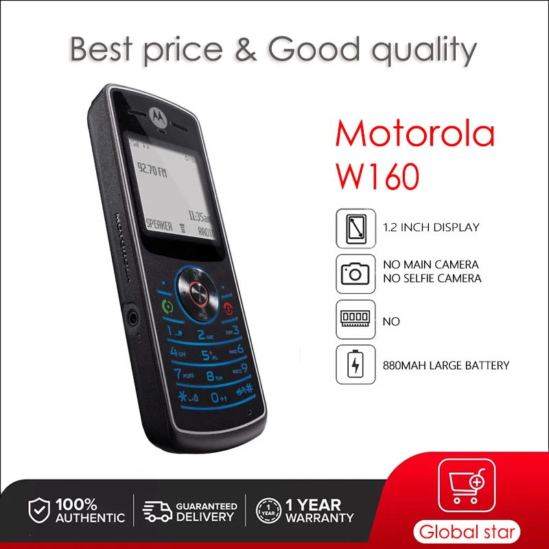 Original Motorola W160 W156 Unlocked Refurbished Mobile Phone GSM 850/900 / 1800 / 1900 With1 Year Warranty Only Support English