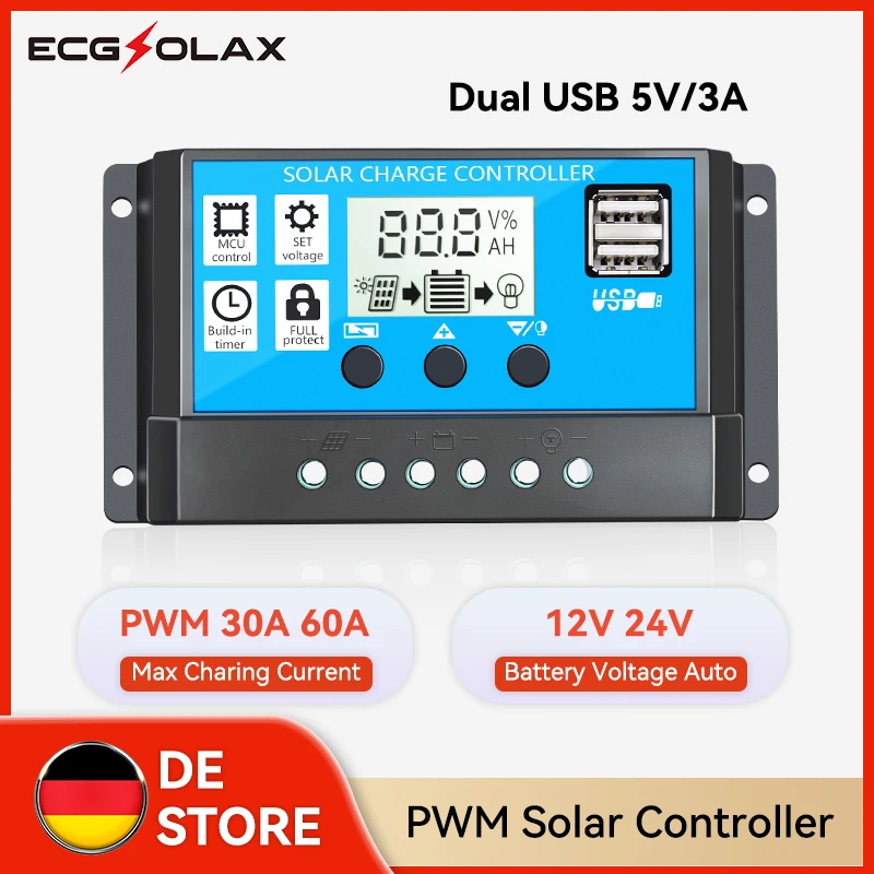 ECGSOLAX 30A 60A PWM Regolatore di carica solare 12V 24V Regolatore batteria Regolatore pannello solare Doppio controller di ricarica USB 5V/2A