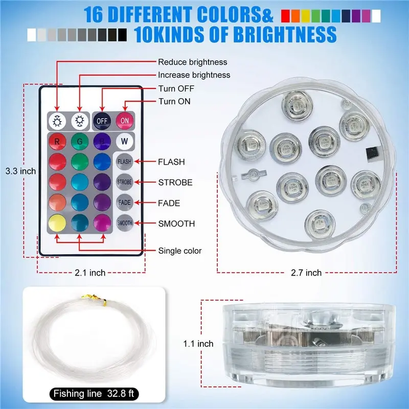 10leds RGB Luzes LED Submersíveis Luz Noturna Subaquática Piscina Exterior Luz Chá Luz Vaso Pond Party Decoração de Casamento