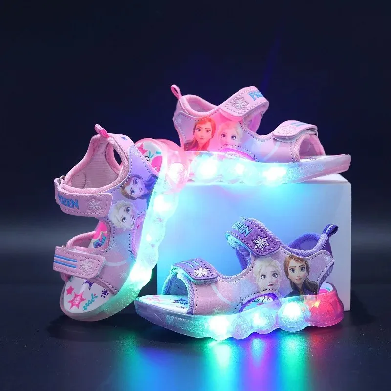 Disney meninos meninas congelados elsa princesa led light up sandálias esportivas luminosas verão crianças sandálias antiderrapantes sapatos da criança