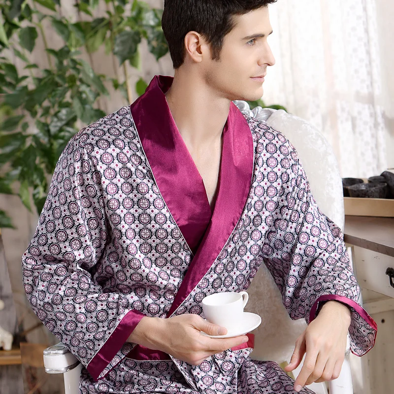 Mężczyźni jedwabny szlafrok z długimi rękawami duży rozmiar 5XL kimono Home szlafrok męskie nadruki geometryczne szaty dekolt satynowa bielizna nocna koszula nocna