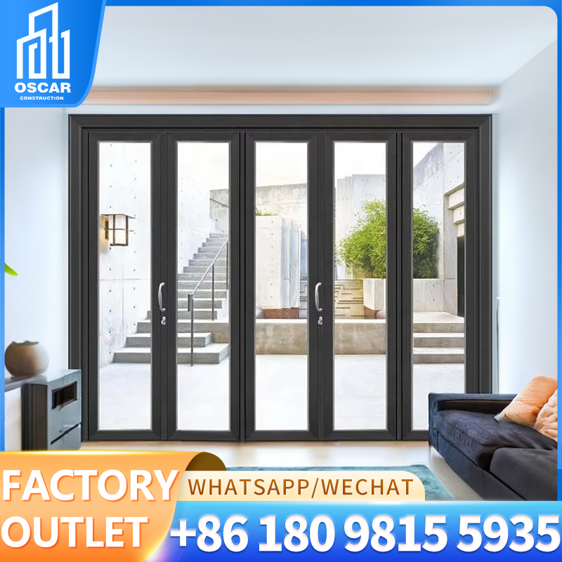 Portas articuladas de alumínio de vidro exterior blindado americano porta preta interior com decoração de tira de alumínio