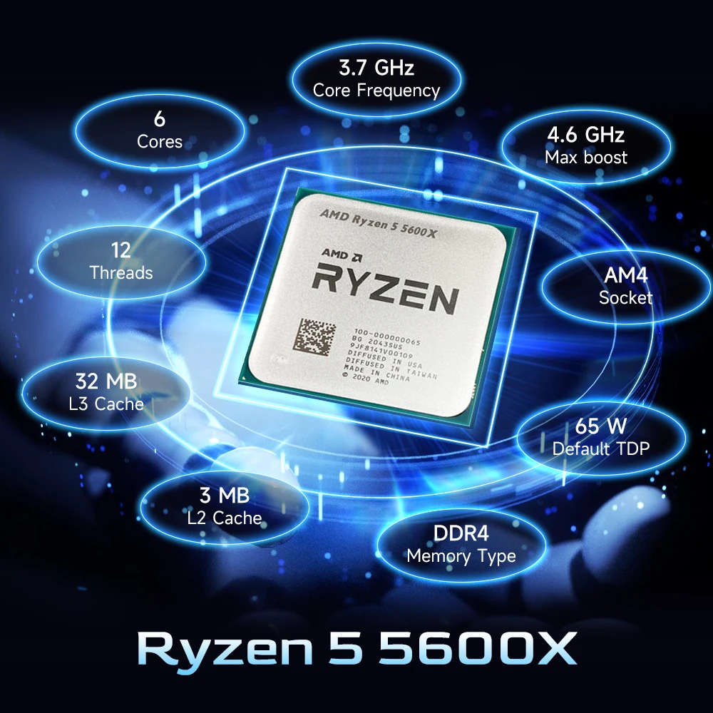 Processador AMD Ryzen 5 5600X 3,7 GHz 6 núcleos 12 threads R5 5600X soquete AM4 7NM L3 = 32M 65W DDR4 sem cooler