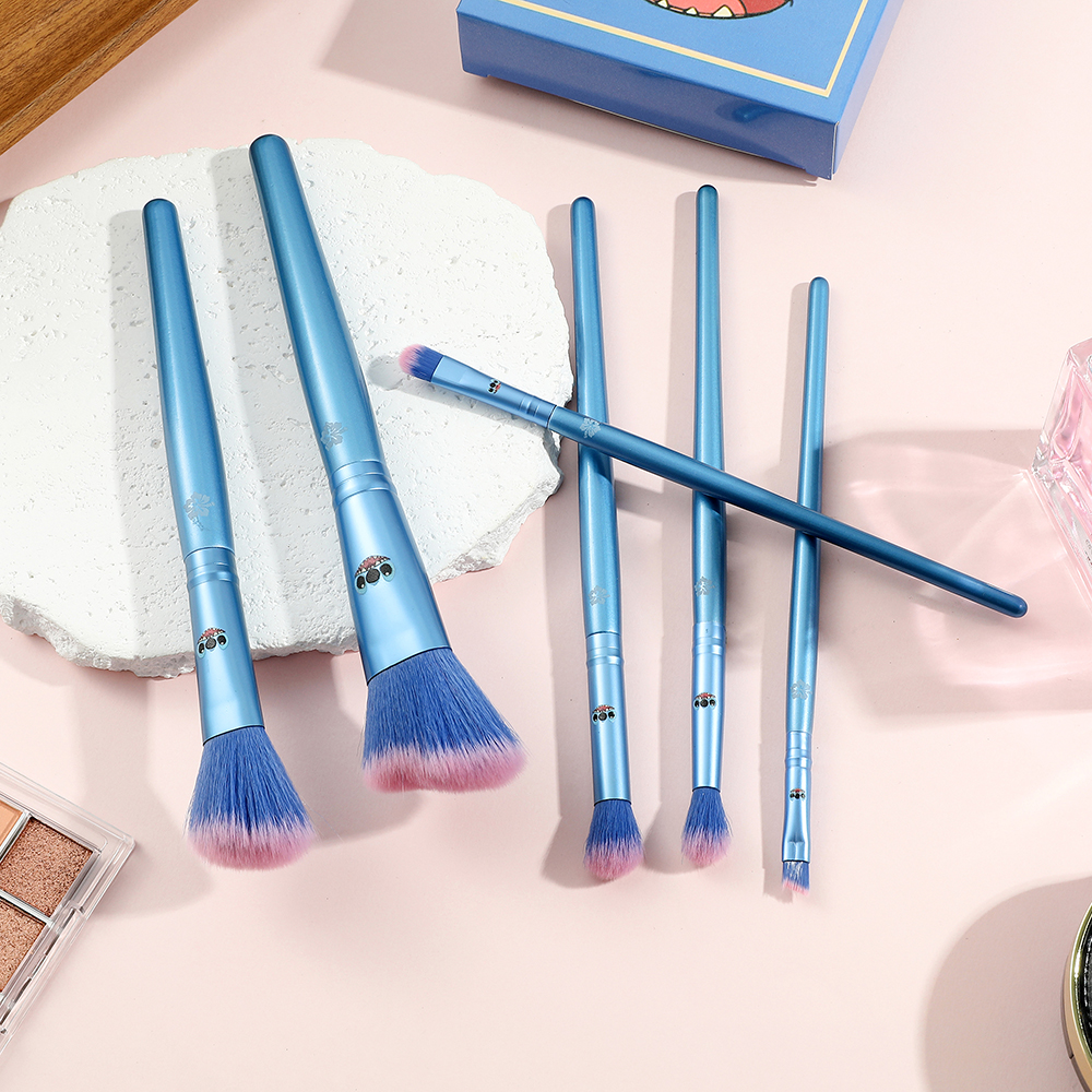 Brocha de maquillaje de punto de Disney, 6 uds., mango de madera Kawaii, polvo, sombra de ojos, base, colorete, mezcla, brocha de maquillaje de belleza