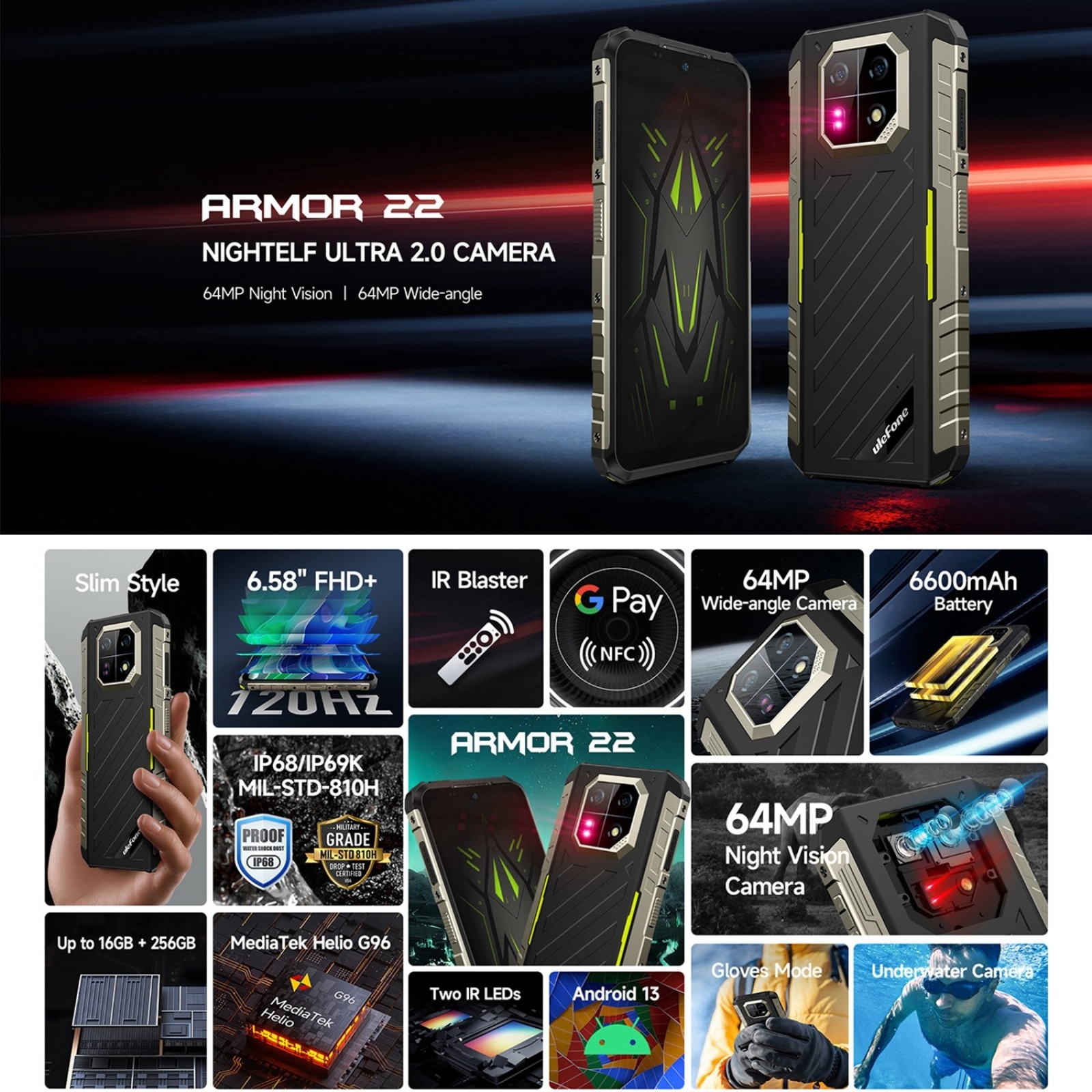 Ulefone Armor 22 Android 13,16GB (8+8GB RAM ),128GB/256GB ROM, 6.58" 120Hz ,6600mAh 33W,NFC,64MP Night Camera, Global Version