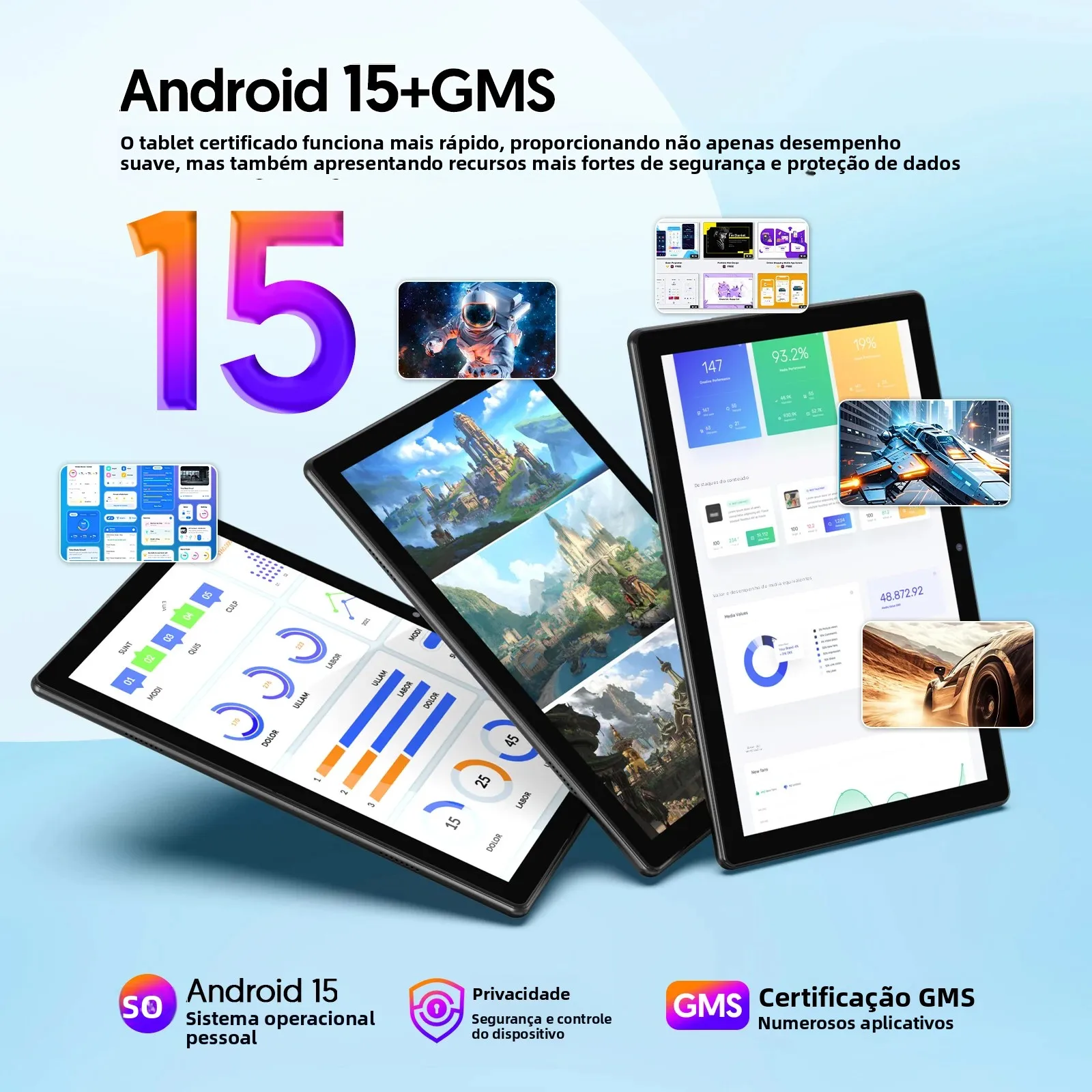 Tablet BAKEN de 10 polegadas com slot para cartão SIM, Android 15, Wi-Fi, GPS, Bluetooth, armazenamento de 64 GB, alto-falantes duplos, porta USB-C