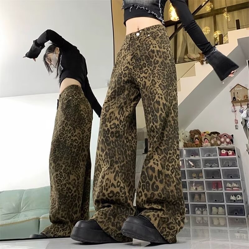 女性のレトロジーンズヒョウヒップホップ Y2K 2000 年代デニムパンツヴィンテージカジュアルハイウエストパンツハイストリートヒョウ柄ストレート