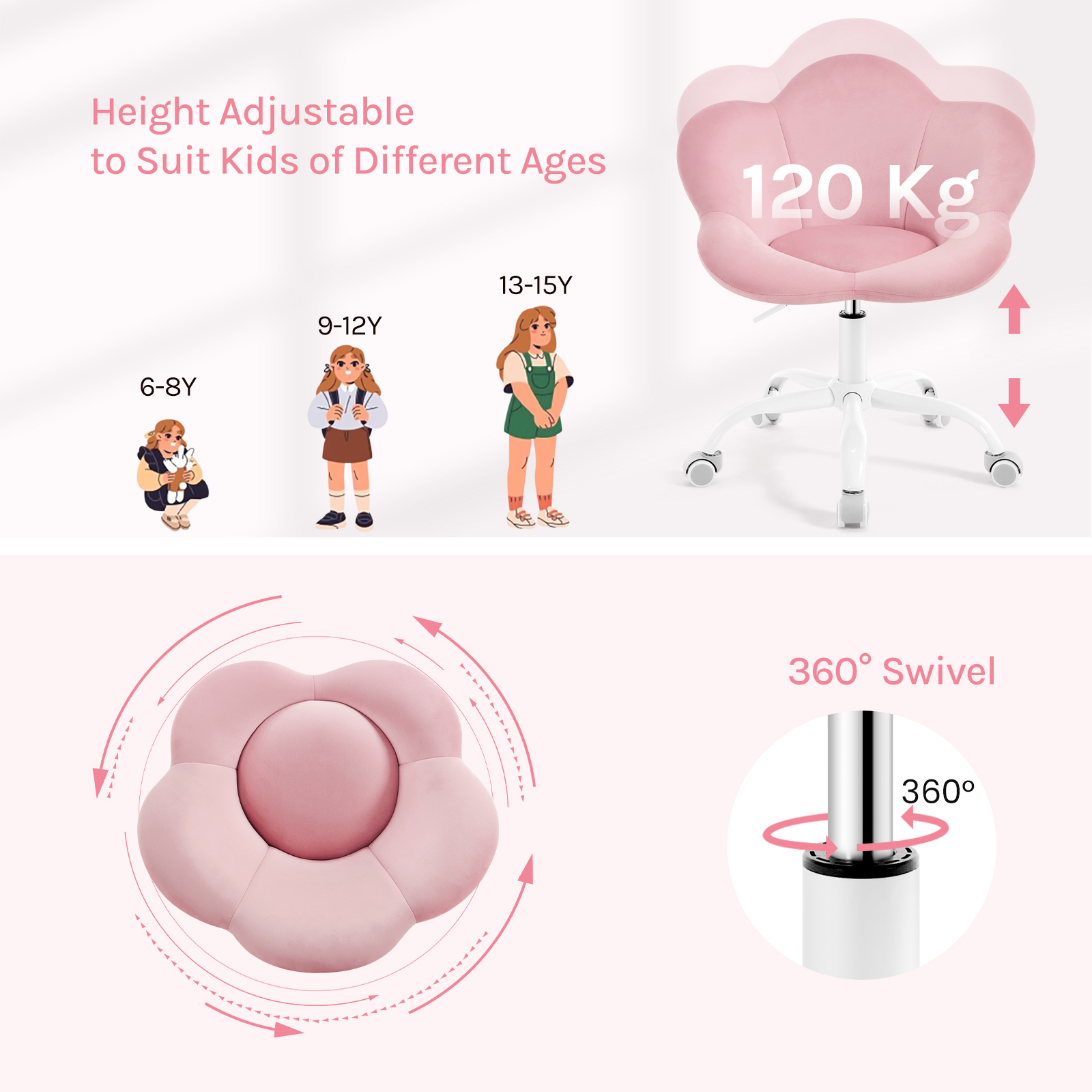 WOLTU Ergonomische Fluwelen Draaibare Kaptafel Stoel In Hoogte Verstelbare Bureaustoel voor Kinderbureaustoel Kinderkamer Thuis