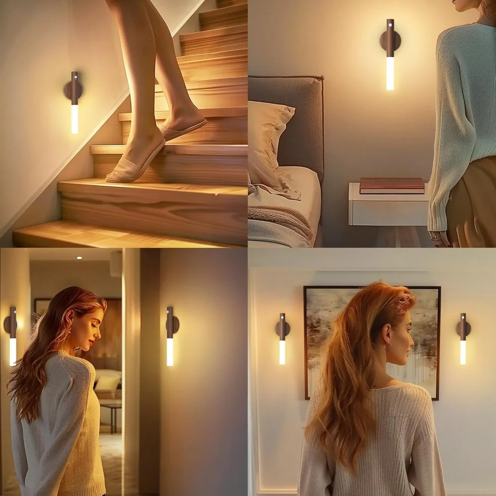 Apliques de pared recargables, luces de pared magnéticas, luz nocturna con Sensor de movimiento, luces nocturnas, iluminación de pared de madera para escalera de dormitorio