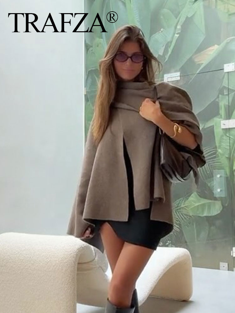 TRAFZA Herfst Vrouwen Losse Asymmetrische Sjaal Gebreide Jas Effen Lange Mouw Enkele Knop Zijsplit Vest Dame Bovenkleding