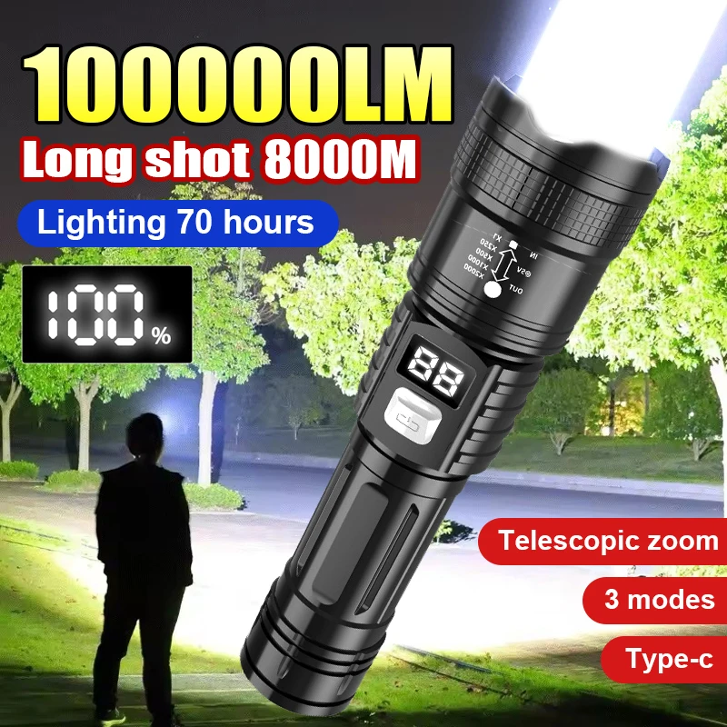 Linterna superbrillante de 100000LM, linterna LED recargable tipo C, lámpara táctica de largo alcance para exteriores, linterna de Camping impermeable