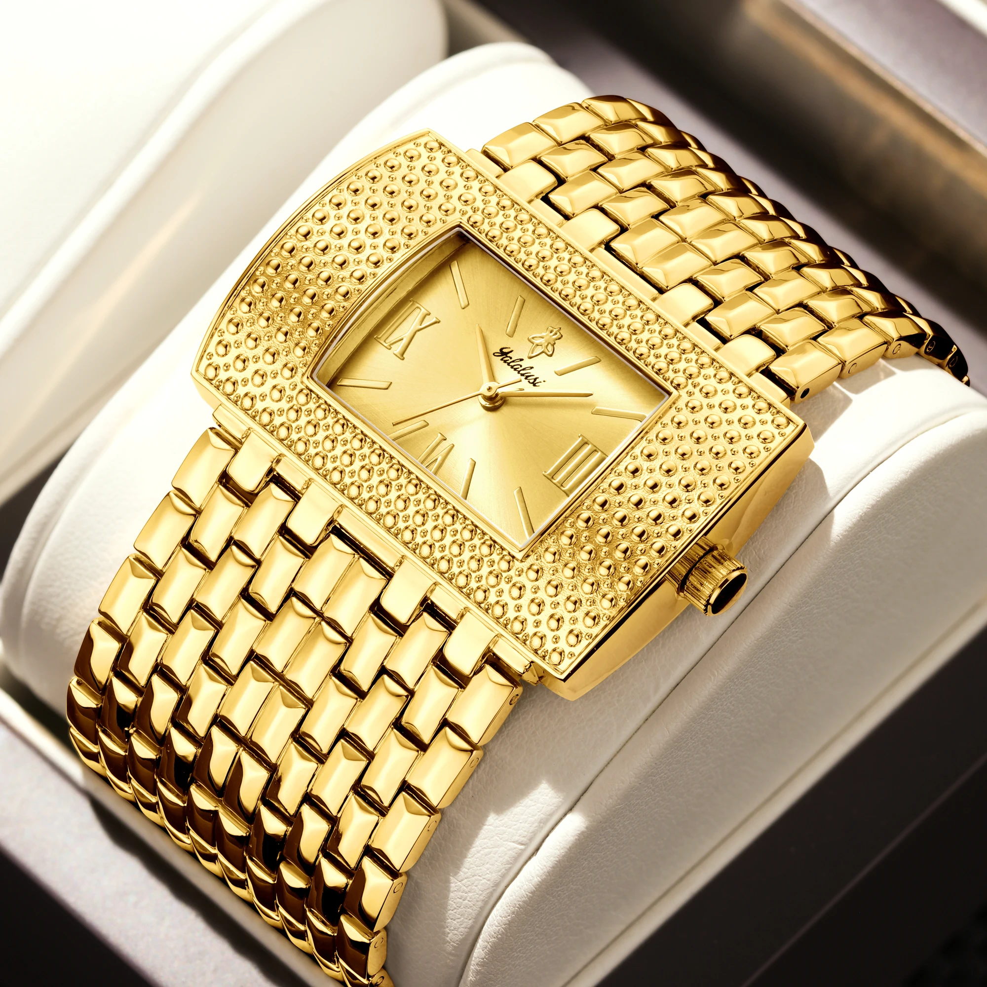 YaLaLuSi Damen-Quarzuhr, geformte Goldfarbe, eleganter, wunderschöner Stil mit Box, Uhrenentferner, 2024, heiße neue Ionenbeschichtung