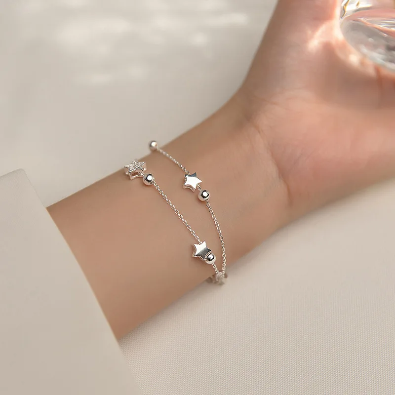 Ventfille 925 selo prata cor estrela pulseira moda coreano estrelas de cinco pontas cristal pulseira dupla dropshipping atacado