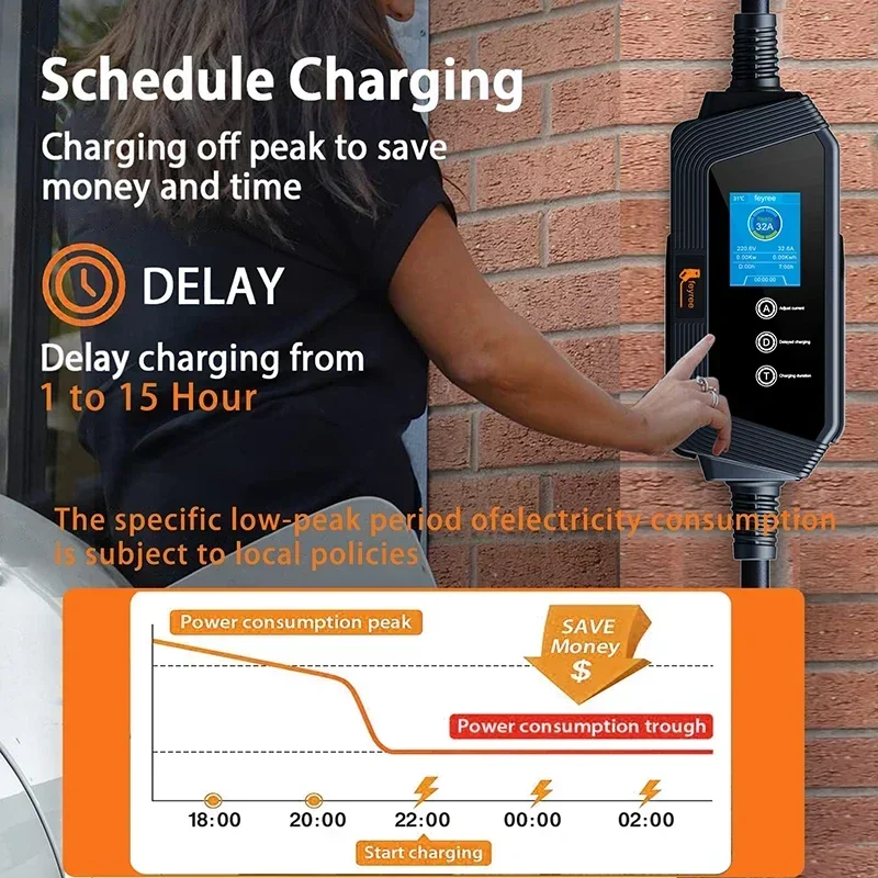 feyree Smart Portable EV charger Type2 Cable 32A 7KW Fast Charging for Electric Car with Adjusting Current Setting Charging Time