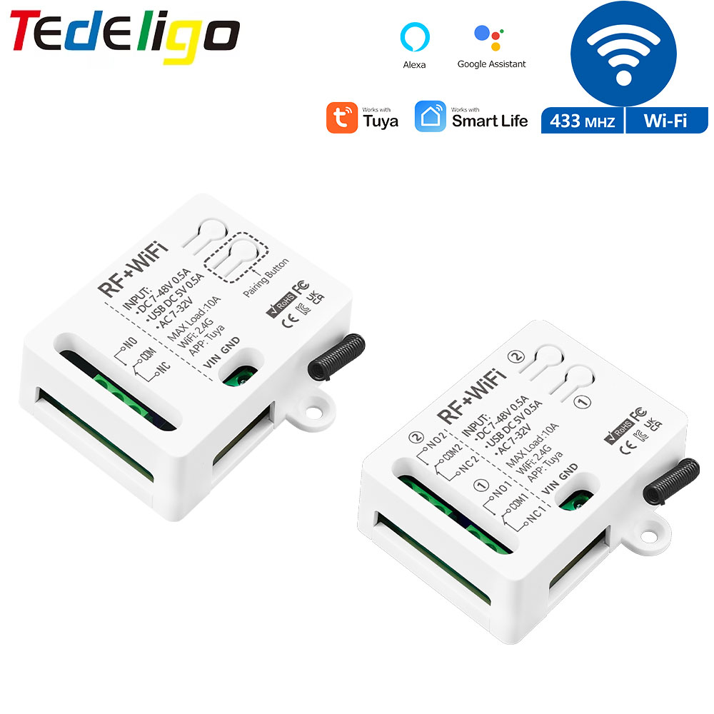 Модуль умного переключателя Tuya Wi-Fi AC DC 7 В 12 В 24 В 48 В USB 5 В RF 433 МГц Пульт дистанционного управления 1/2 канала Реле для Alexa Google Home
