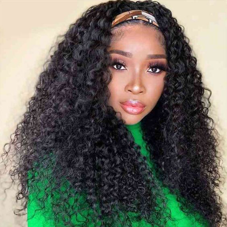 Perruque bandeau cheveux humains crépus bouclés pour femmes noires, densité 180%, sans colle, brésilien Remy Jerry Curl, entièrement faite à la Machine