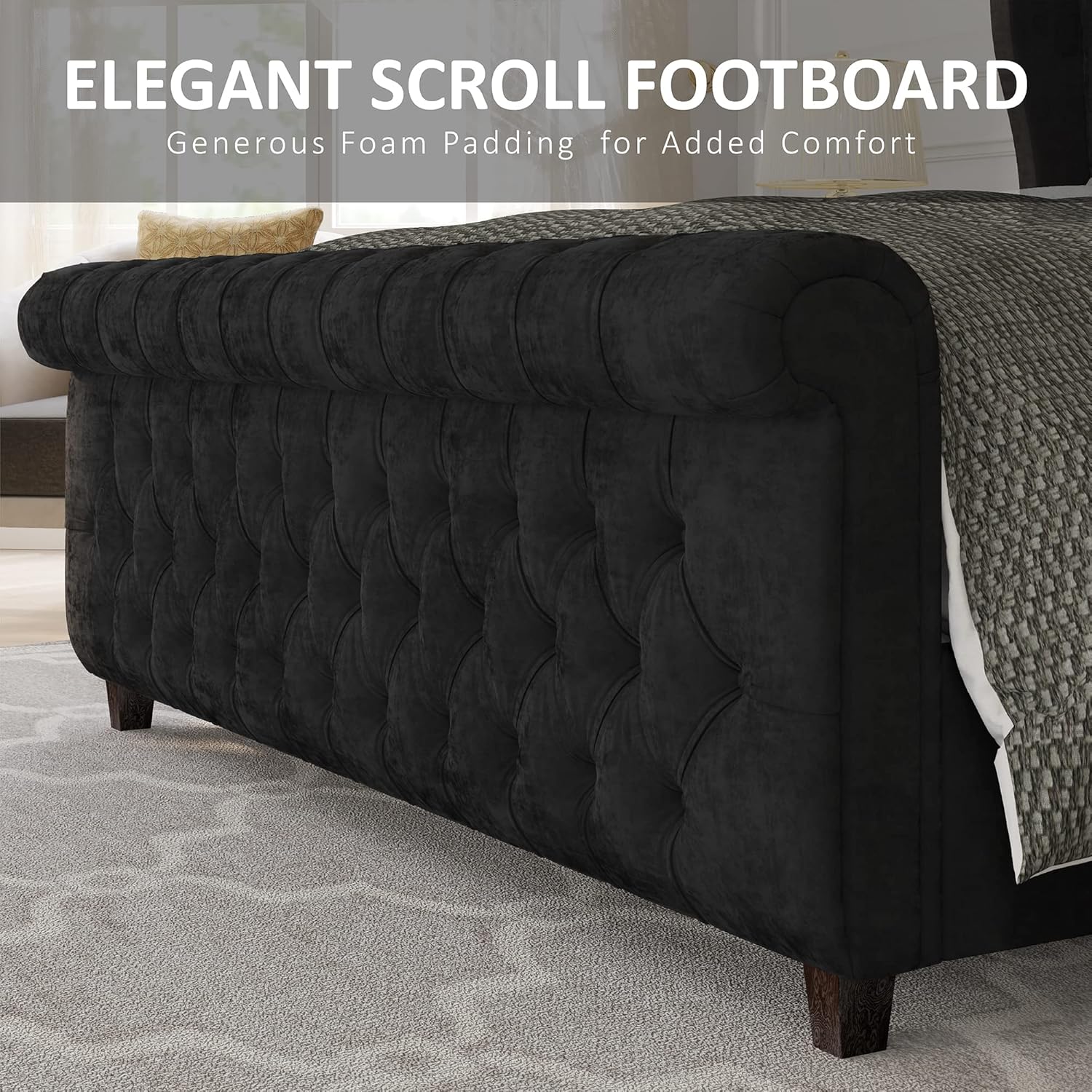 Queen Size Platform Bed Frame, Velvet Upholstered Sleigh Bed with Scroll Wingback Headboard Footboard/Button TuftedBlack
