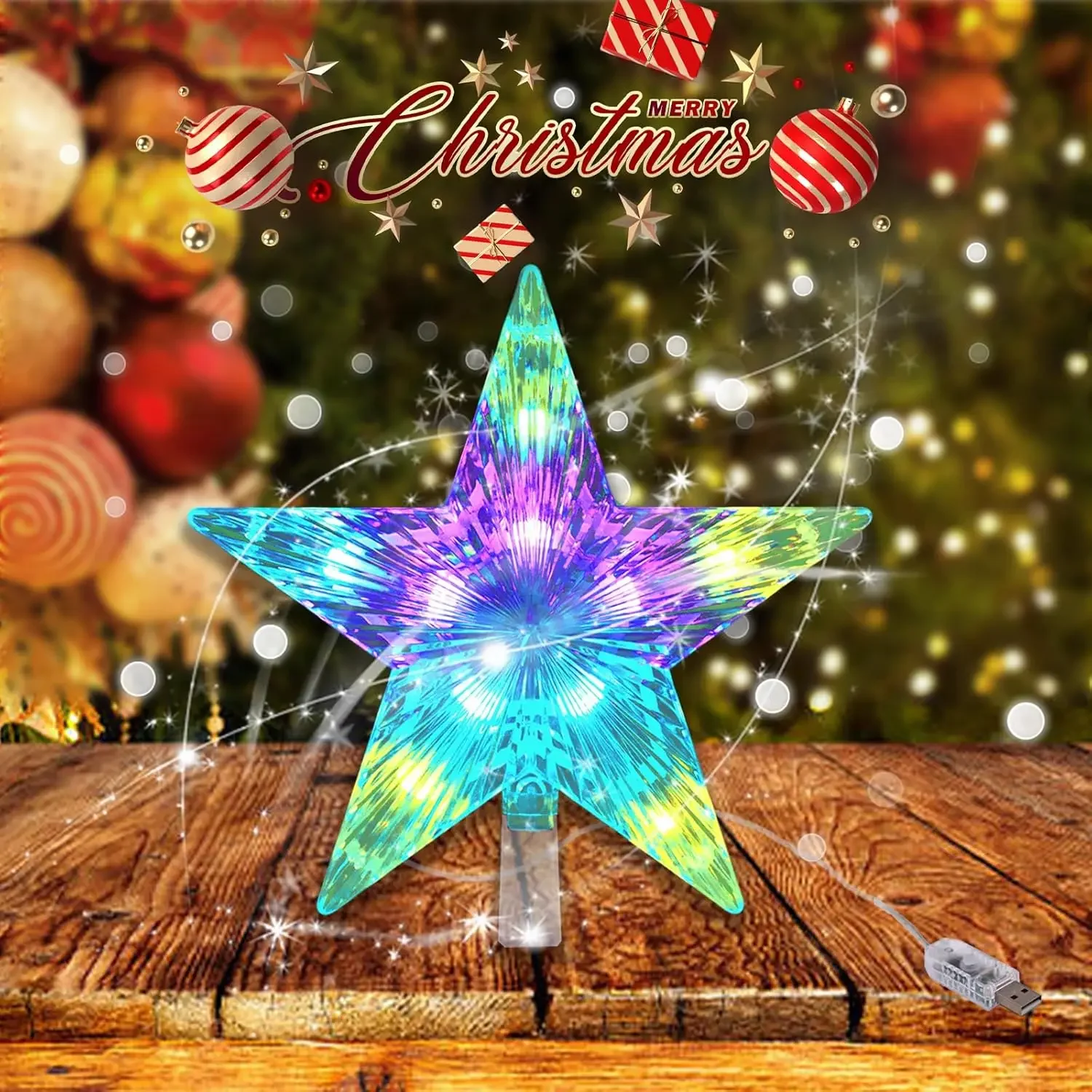 LED étoile de noël arbre de noël Topper étoile lumière décor 16 couleurs changeantes télécommande multicolore USB alimenté cadeau de noël