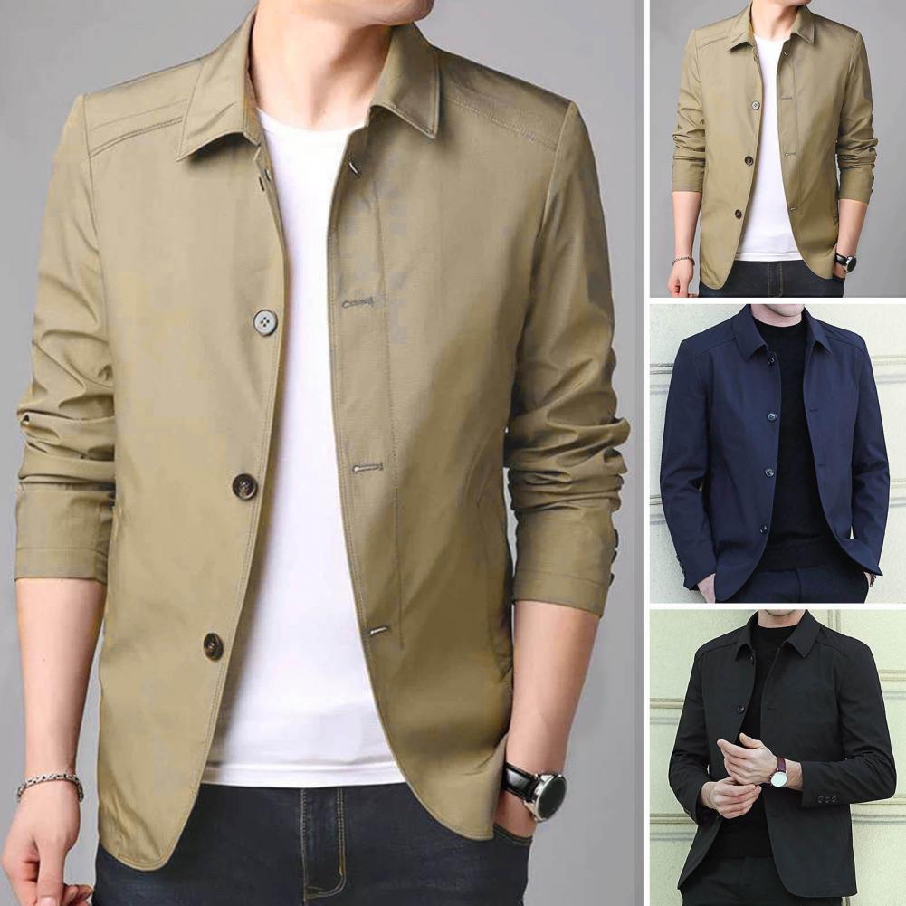 Jaqueta masculina quente elegante jaqueta de negócios de comprimento médio com gola virada para baixo design de peito único para outono primavera temporadas