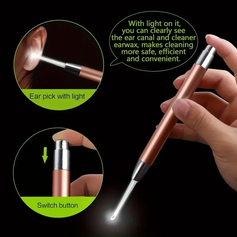 Colher de orelha luminosa, colher de orelha de aço inoxidável com luz, limpador de ouvido luminoso, ferramenta visual de seleção de orelha